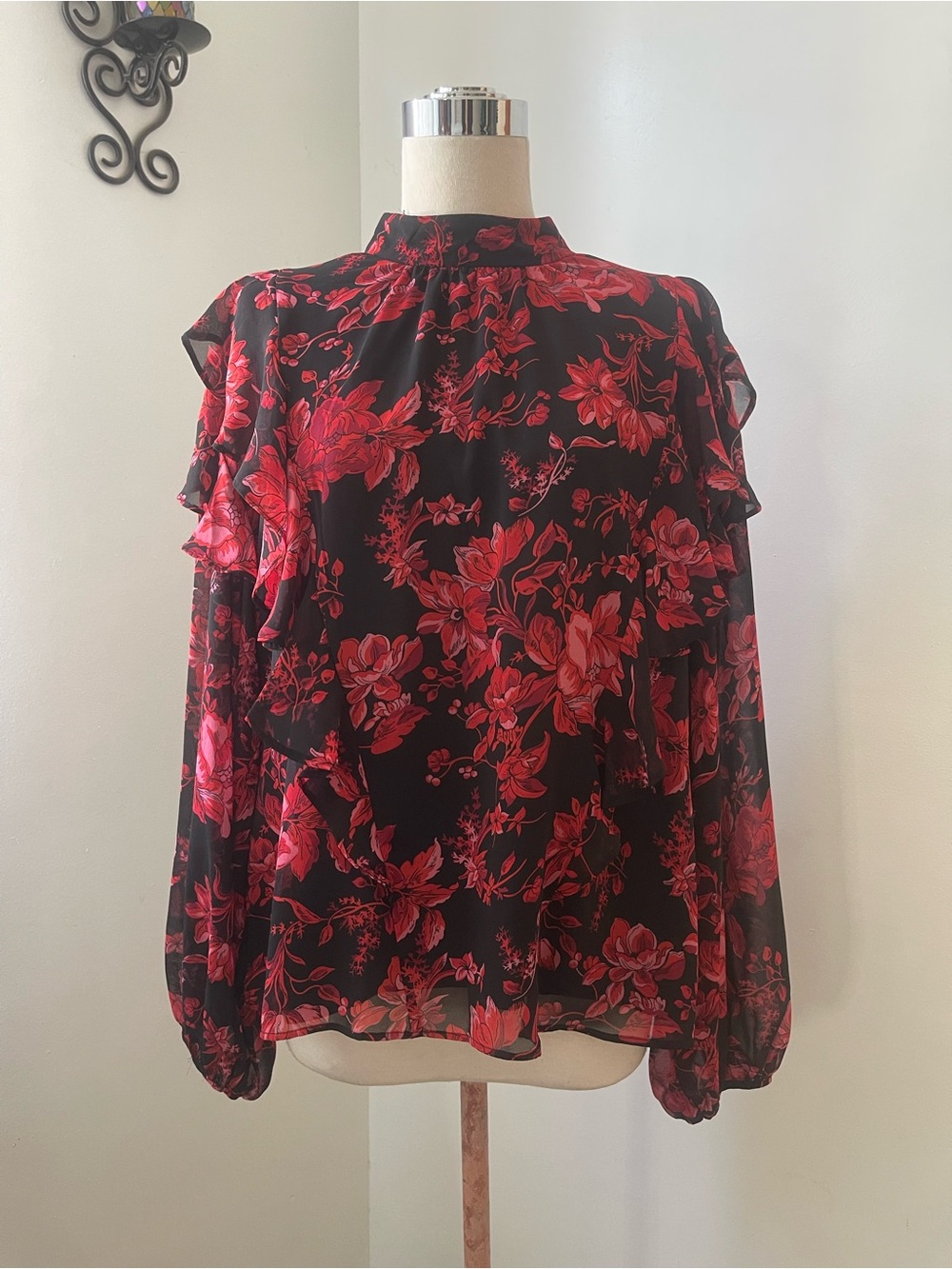 Vince Camuto Black Blouse with Red Floral Ruffle Detail